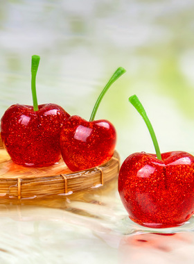 创意仿真长梗樱桃树脂工艺品配件 精美小水果diy装饰品配件小摆件