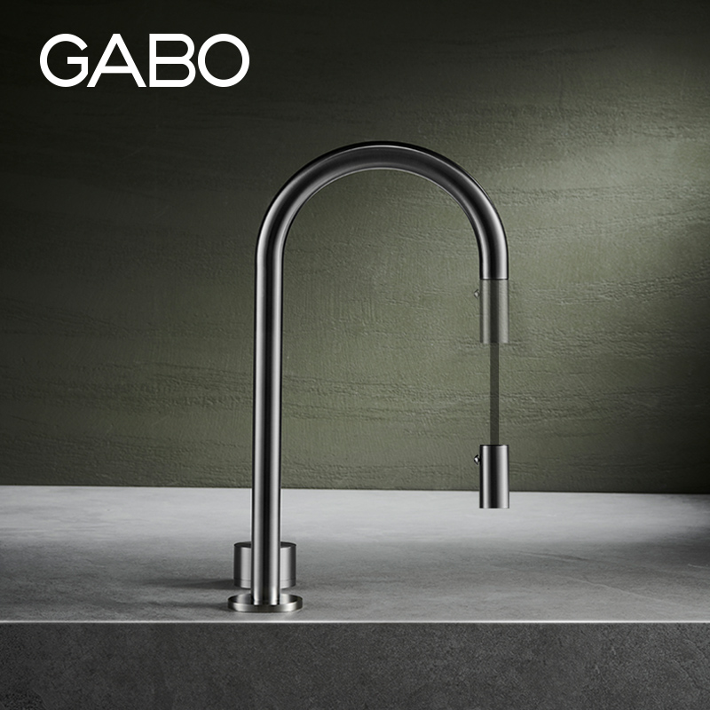 观博GABO 不锈钢厨房水槽龙头双孔可旋转抽拉式冷热水龙头18M016B - 图1