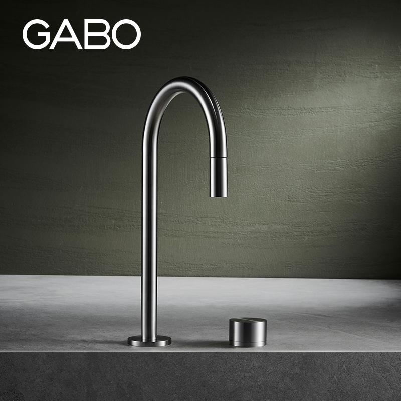 观博GABO 不锈钢厨房水槽龙头双孔可旋转抽拉式冷热水龙头18M016B - 图0