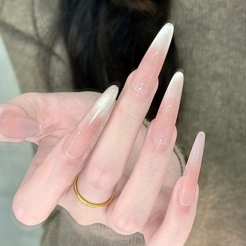 可拆卸猫眼渐变嬛嬛假指甲裸色腮红美甲穿戴甲新娘简约假指甲贴片 - 图0