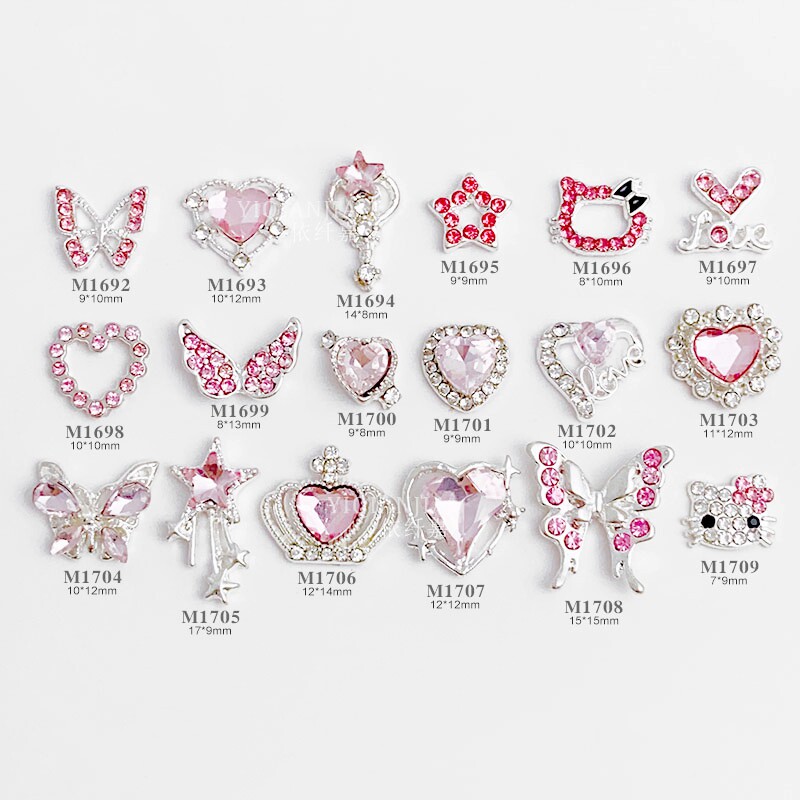 粉色情人节美甲饰品镶钻桃心蝴蝶爱心大蝴蝶皇冠合金猫咪指甲钻饰 - 图3