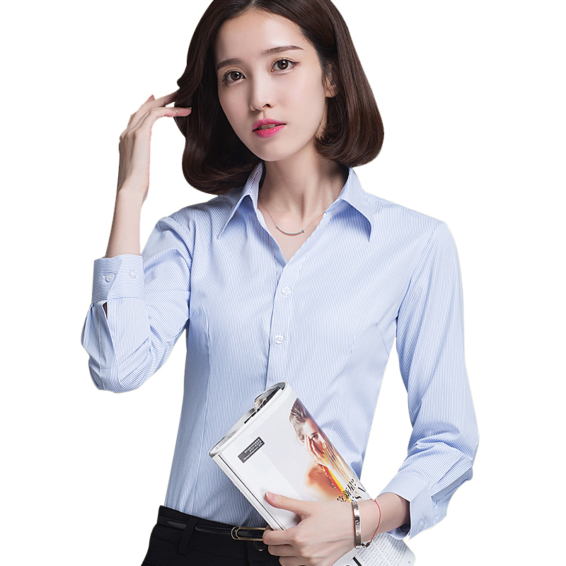 2023春季女士商务长袖衬衫白底蓝条纹显瘦职业装V领修身工装衬衣