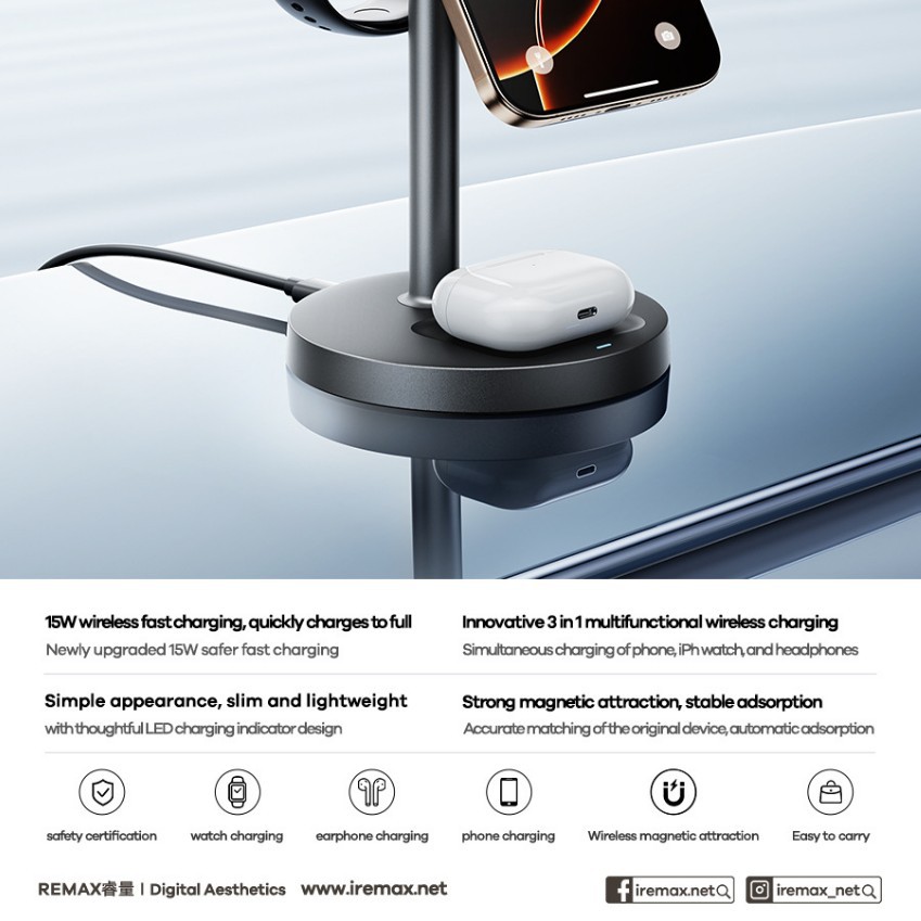 REMEX  睿量  20.5W 免升级桌面磁吸三合一多功能无线充电器 CW01 - 图1