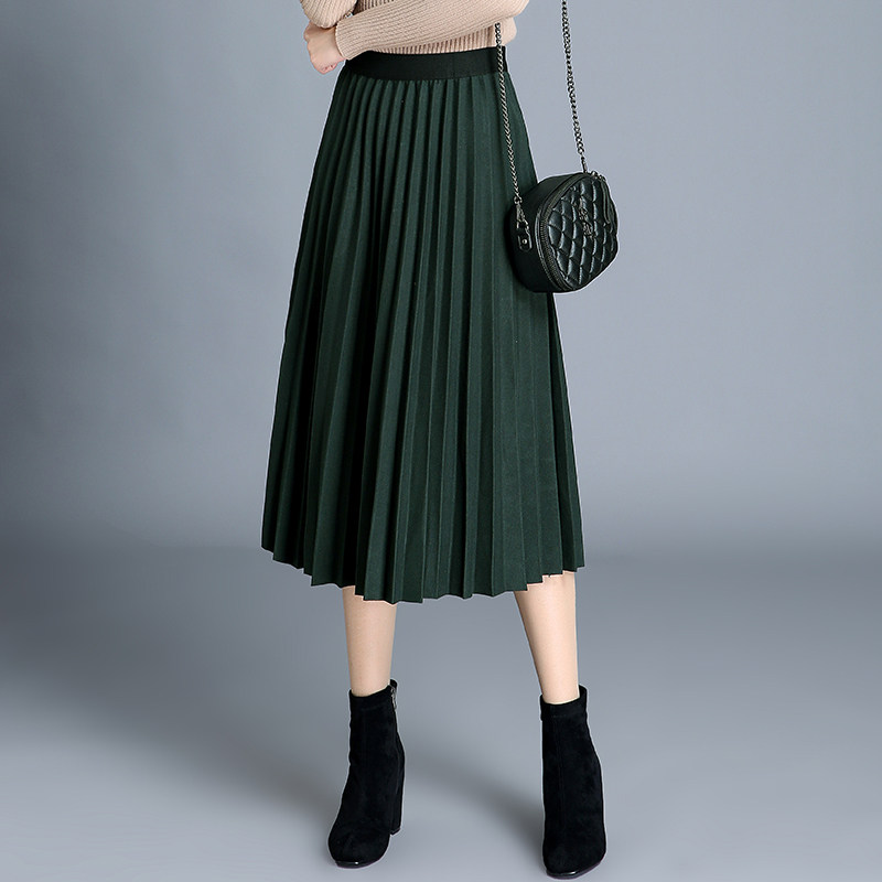 高腰中长百褶裙2020春秋毛呢女长裙 早菲服饰半身裙