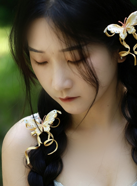 甜美刺绣蝴蝶发夹黄色反重力飘带