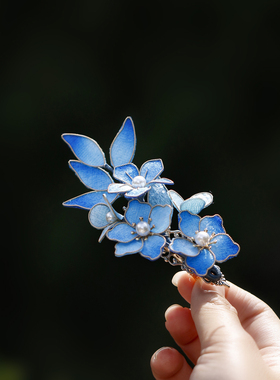 蓝色花朵发夹手工仙气花朵盘发