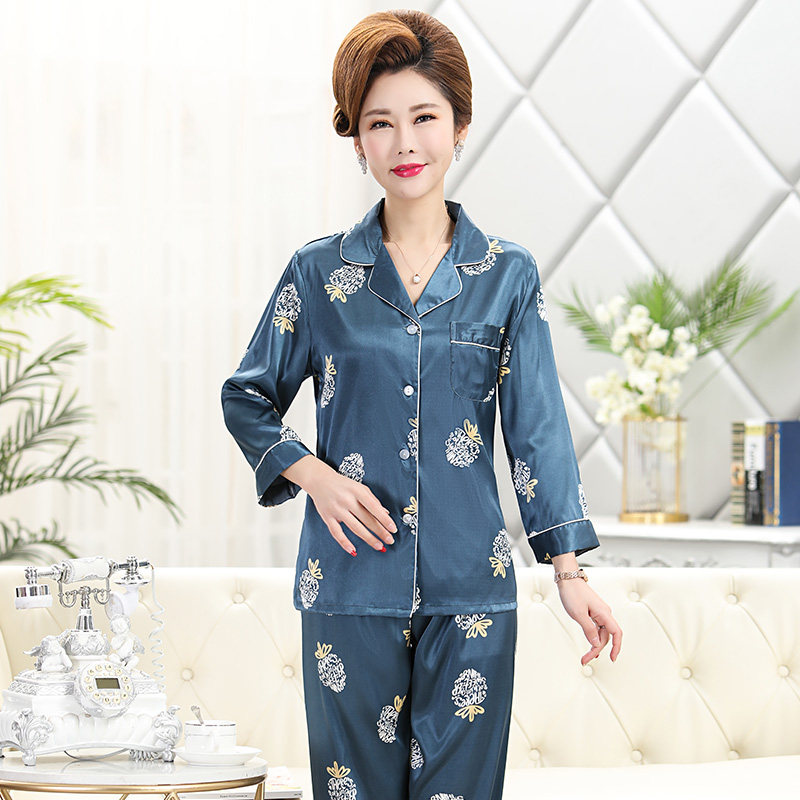春秋季冰丝中年中老年长袖仿真睡衣 eisden睡衣/家居服套装