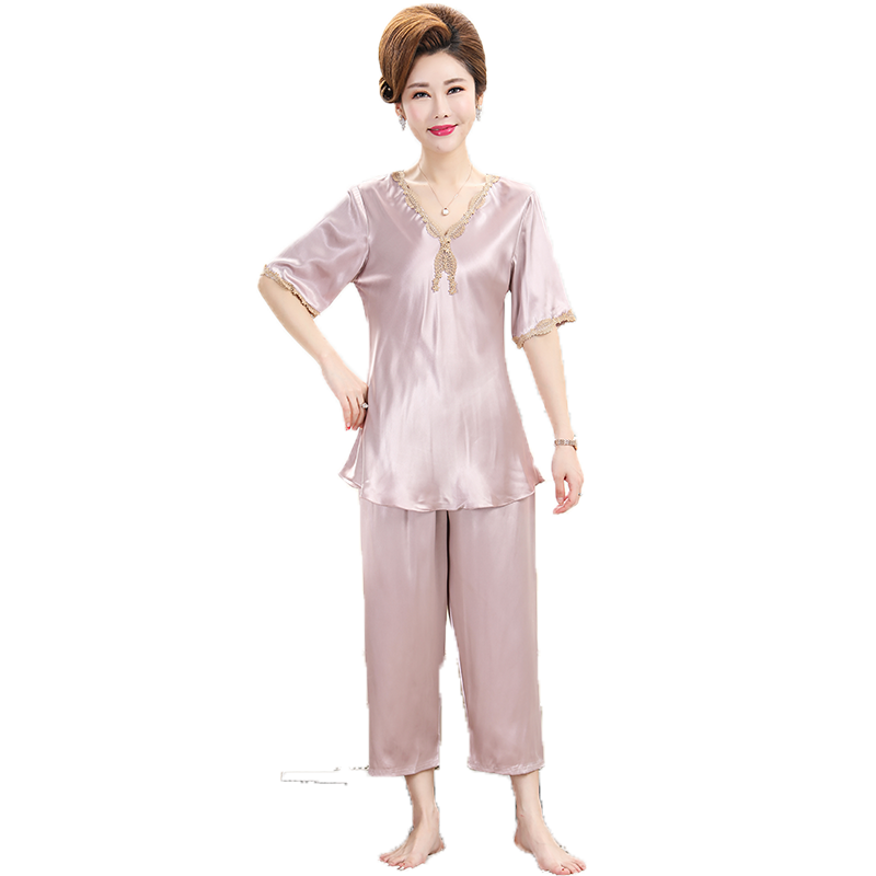 妈妈女士冰丝短袖仿真丝绸睡衣 eisden睡衣/家居服套装