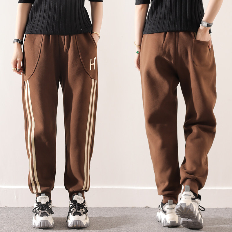 皇森冬款加绒加厚条纹休闲长裤女哈伦裤抓绒保暖宽松显瘦运动卫裤,淘宝优惠券,粉丝福利购,淘宝优惠卷