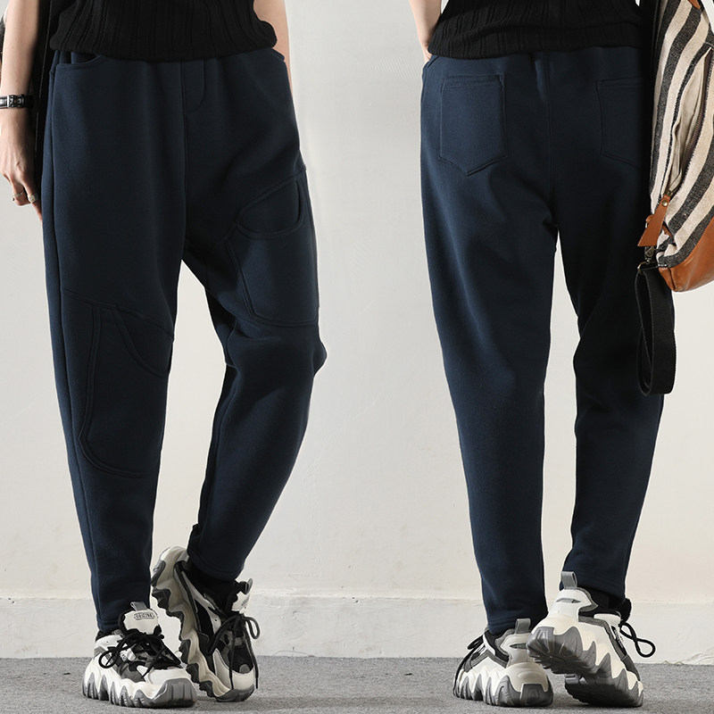 皇森冬季新款加绒加厚口袋装饰休闲裤女保暖宽松显瘦卫裤女哈伦裤,淘宝优惠券,粉丝福利购,淘宝优惠卷