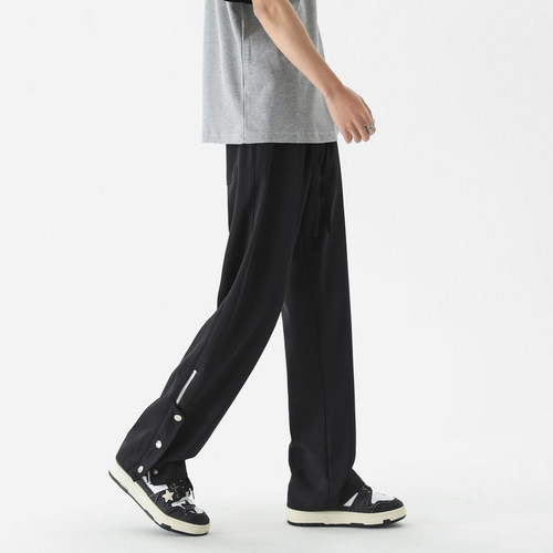 XWWF排扣裤子男薄夏季潮牌美式高街垂感宽松直筒休闲运动冰丝长裤 - 图1