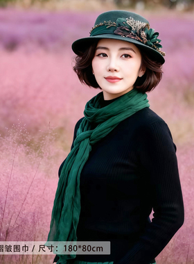 墨绿褶皱棉麻围巾女春秋冬