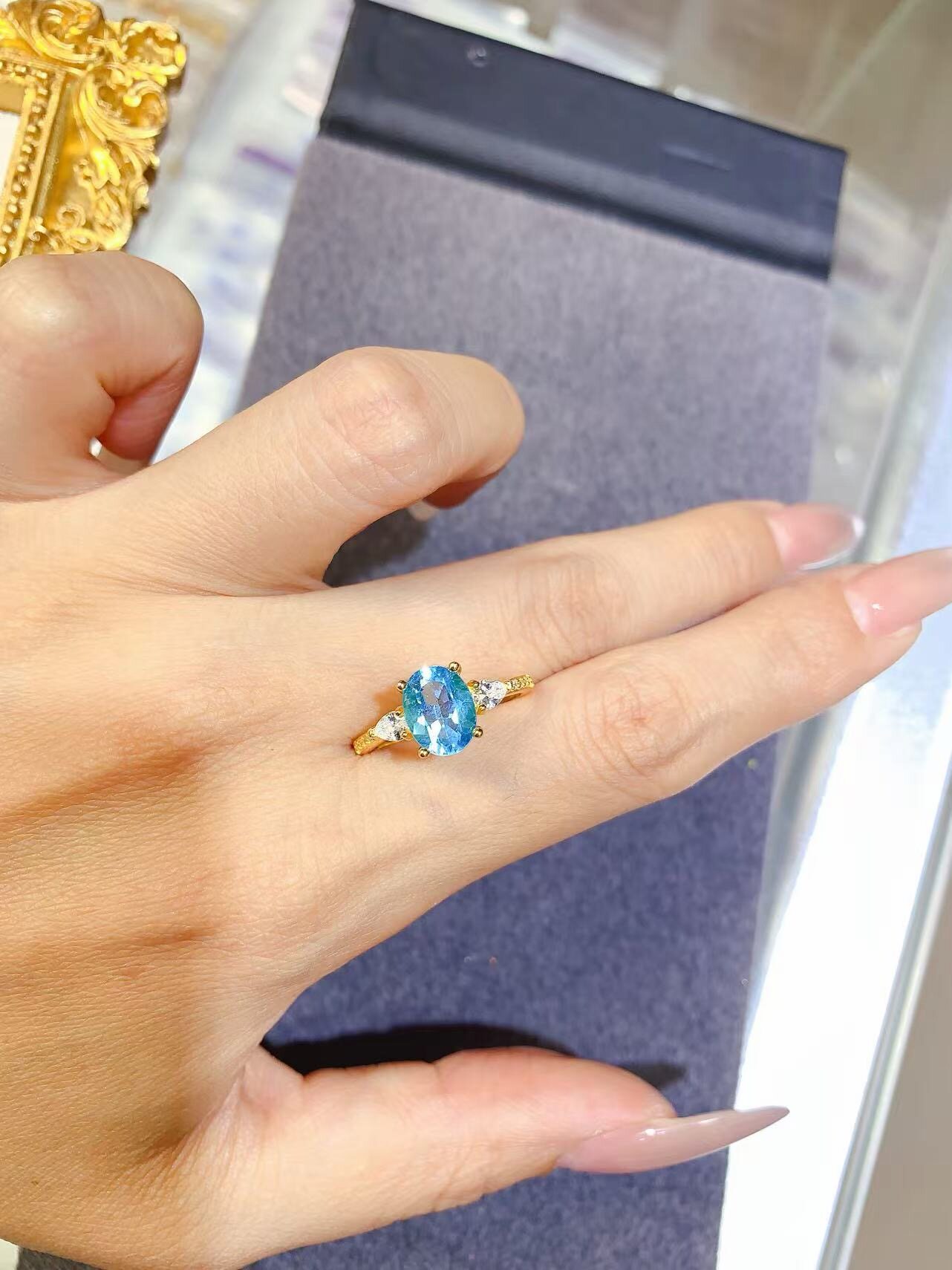 Natural Swiss Blue Topaz Ring 7*9mm 925 Silver Seiko Inlaid Garnet Ring Peridot Ring
