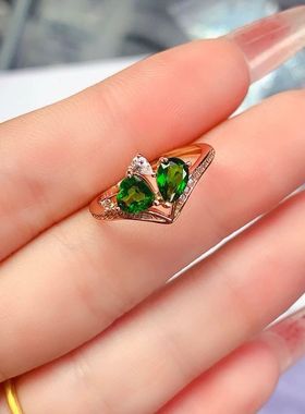 新款天然透辉石戒指 主石4*6 心5mm925银精工镶嵌