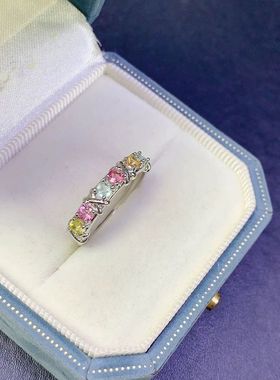 天然碧玺戒指 金镶成色 高净度 主石3*3mm925银镀金开口戒指