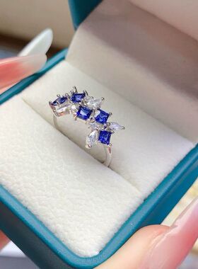 天然蓝宝石戒指925银镀金镶嵌 主石方3*3MM精工品质 活口戒指