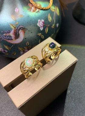 天然黑欧泊戒指925银镀金镶嵌6*8MM天然白欧泊戒指925银镀黄金