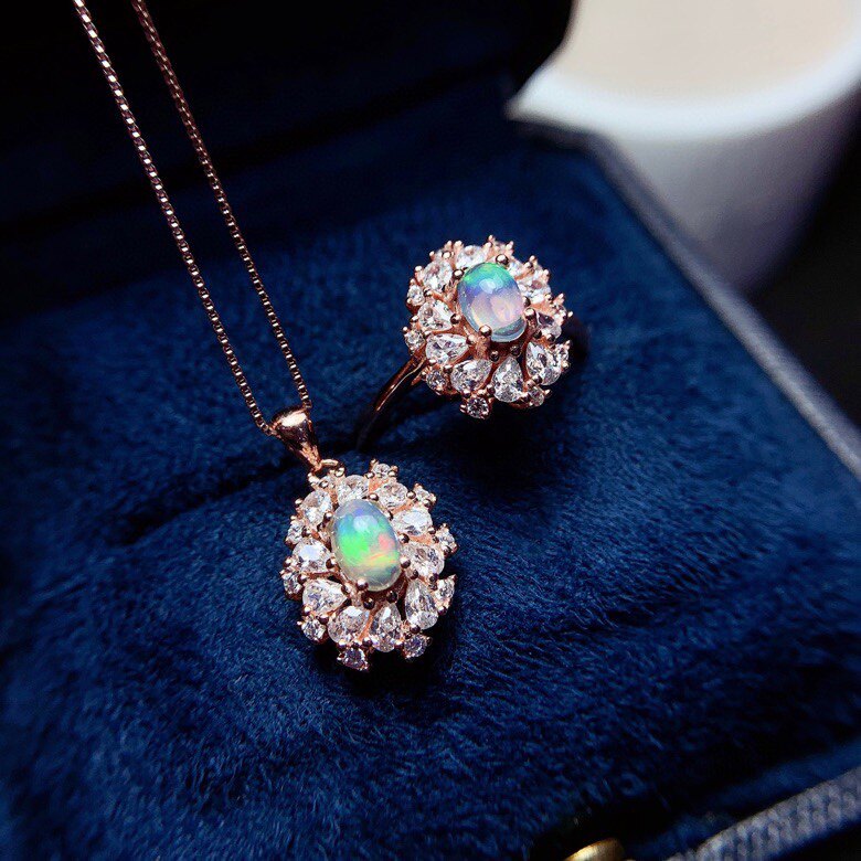 精品天然炫彩欧泊套装925银镀金主石4*6mm欧泊戒指欧泊吊坠_虎窝淘