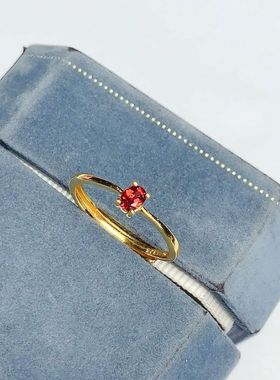 天然石榴石戒指 金镶成色 高净度 主石3*4mm925银镀黄金四爪