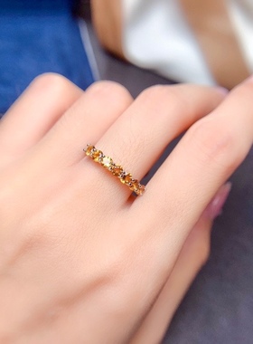 天然聚财黄水晶排戒银镶开口戒指