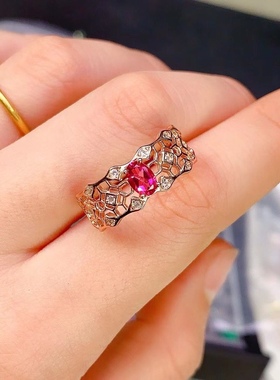 新款天然粉托帕石戒指925银镀金 4*6MM活口设计蕾丝戒指