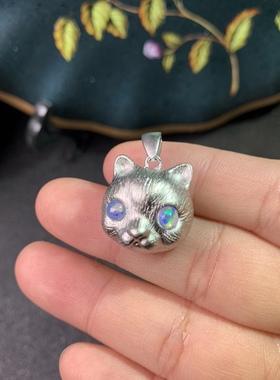 新款萌宠波斯猫吊坠925银天然炫彩欧泊吊坠  彩宝月光石猫咪吊坠