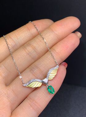 祖母绿925银精工镶嵌主石锁骨链