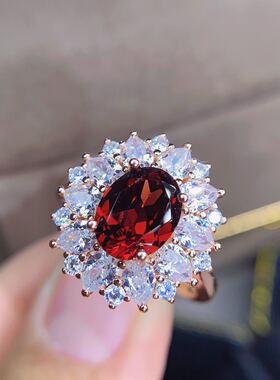 天然全净体满火彩纯银石榴石戒指