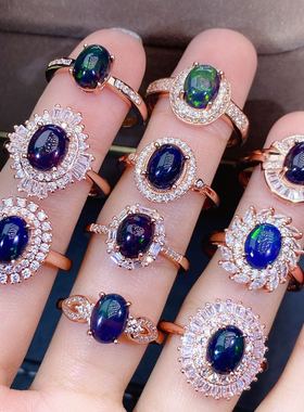 天然黑欧泊戒指925银电镀18k