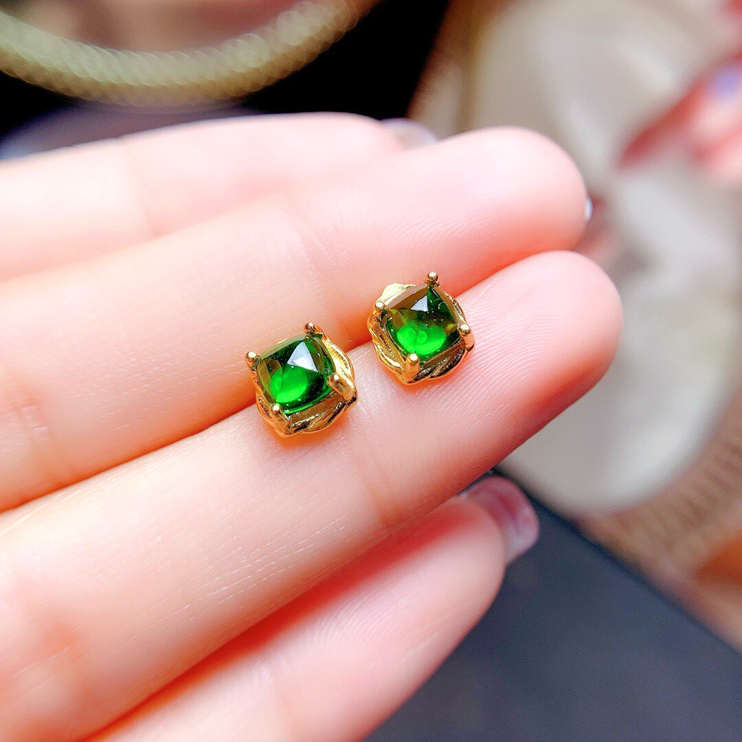 Natural sugar tower diopside set, main stone pillow 5*5mm candy color diopside ring, earrings, pendant
