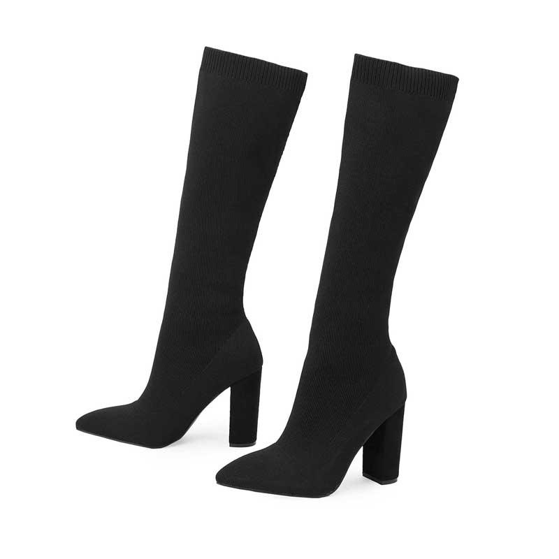 跨境外贸针织弹力靴大码舒适中筒粗高跟长靴女Lazada Women Boots - 图3