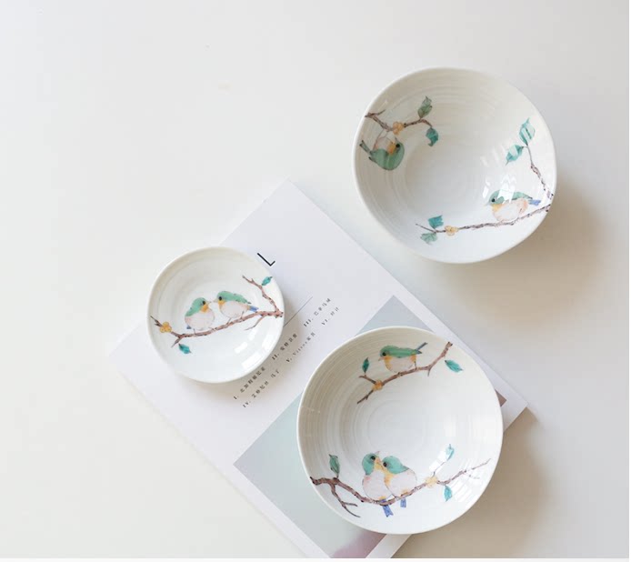 日本进口九谷烧陶瓷彩绘花鸟盘子餐具菜碟面汤碗平盘浅盘家用礼盒