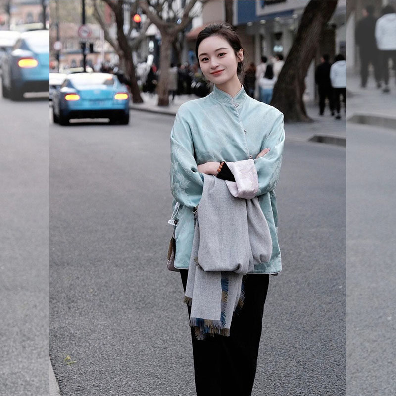 2026春季宋锦立领盘扣上衣新中式唐装中国风蓝色双面穿提花外套女,淘宝优惠券,粉丝福利购,淘宝优惠卷