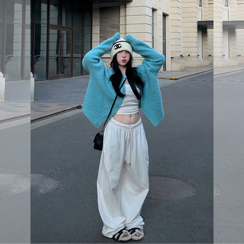 韩系一整套ootd穿搭秋冬松弛感蓝色毛衣外套高腰阔腿裤休闲套装女 - 图3