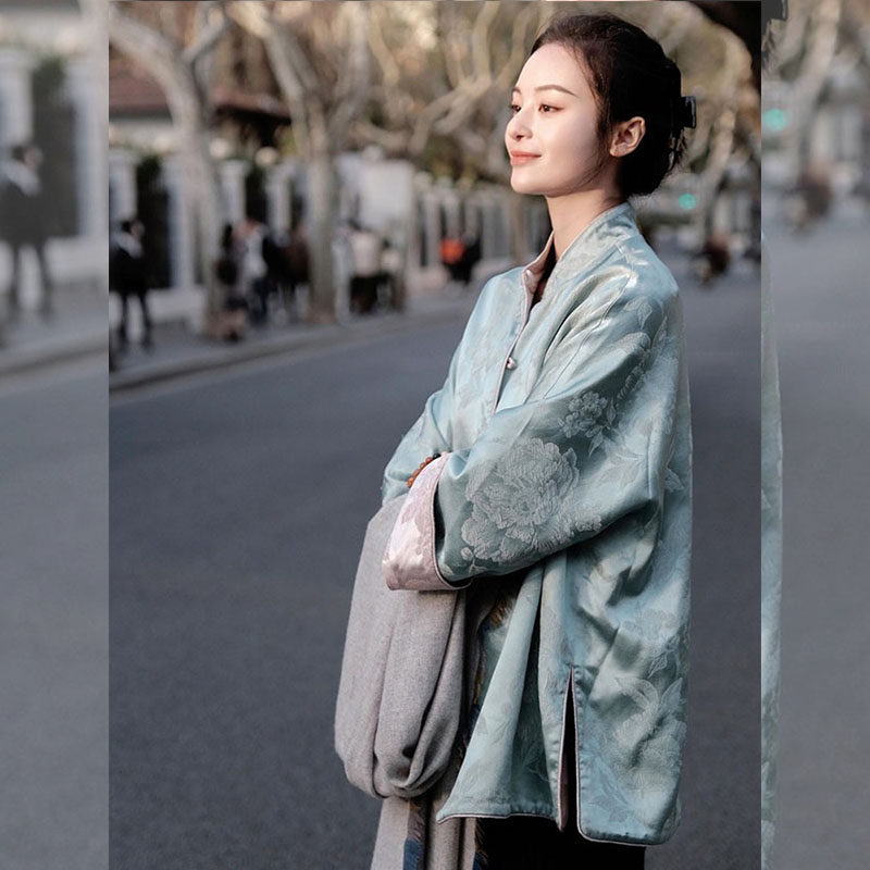 2026春季宋锦立领盘扣上衣新中式唐装中国风蓝色双面穿提花外套女,淘宝优惠券,粉丝福利购,淘宝优惠卷