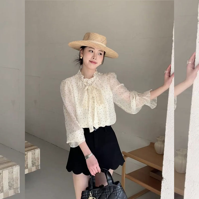 法式甜美风超火一整套2026春季系带波点雪纺衬衫黑色短裤两件套女,淘宝优惠券,粉丝福利购,淘宝优惠卷