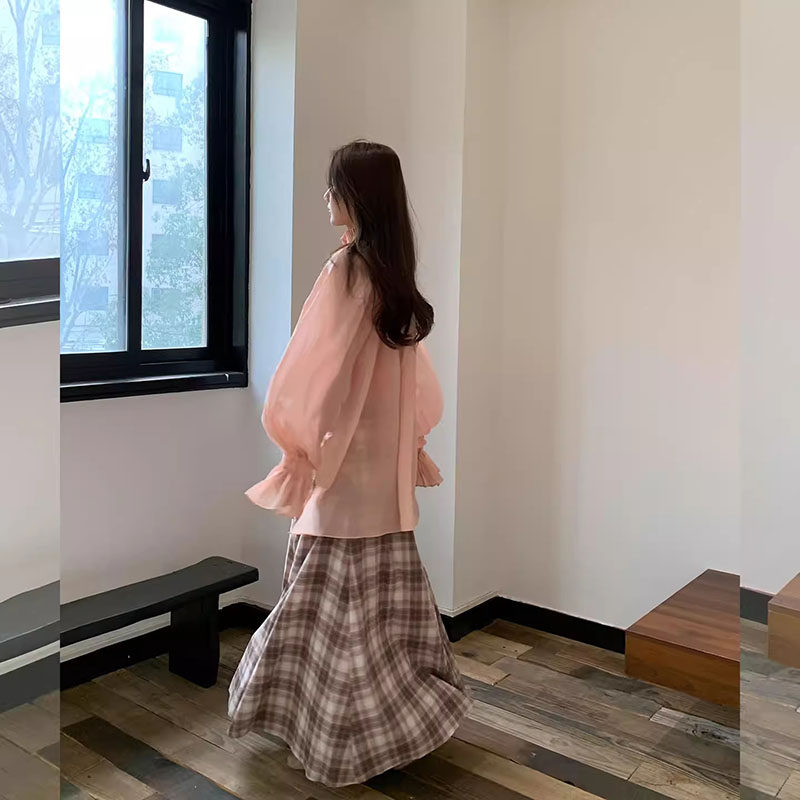 甜美风小众灯笼袖粉色衬衫女2026春季新款氛围感绝美褶皱高领上衣,淘宝优惠券,粉丝福利购,淘宝优惠卷