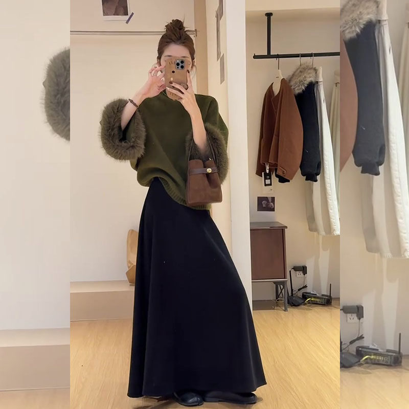 慵懒风毛绒绿色针织上衣女2026春季高级感半高领毛衣半身裙一整套,淘宝优惠券,粉丝福利购,淘宝优惠卷