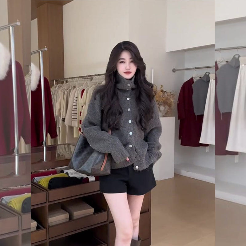 法式复古深灰色高领针织开衫2026年早春慵懒风独特时尚毛衣外套女,淘宝优惠券,粉丝福利购,淘宝优惠卷