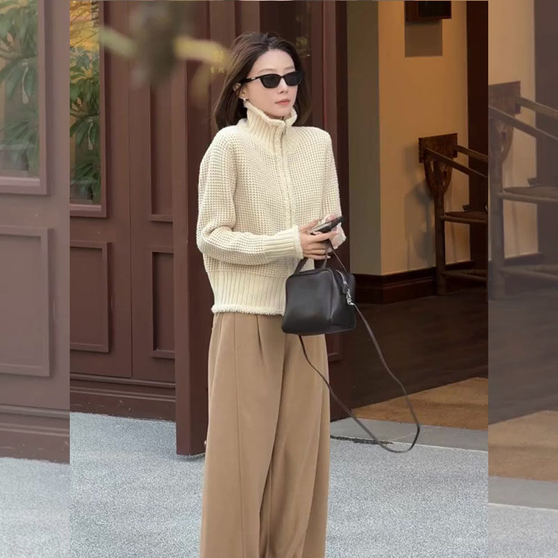 韩系一整套ootd穿搭2026年春季华夫格米杏色针织开衫阔腿裤套装女,淘宝优惠券,粉丝福利购,淘宝优惠卷