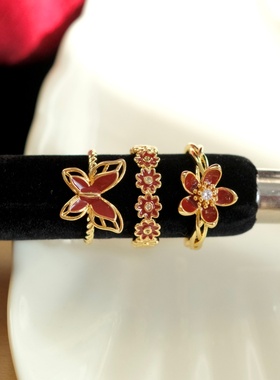 《蔷花红莲》复古优雅法式秋冬新年酒红色珐琅花朵蝴蝶叠戴戒指女