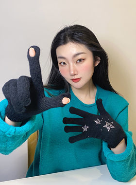 Gallery镶钻星星分指可触屏手套