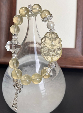 天然水晶手链女款单圈柠檬黄水晶九尾狐白水晶手串送女友闺蜜礼物