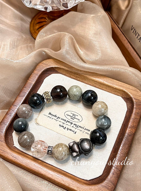 鹿鸣·天然千层幽灵蓝虎眼黑金超手链女款时尚饰品送女友闺蜜礼物