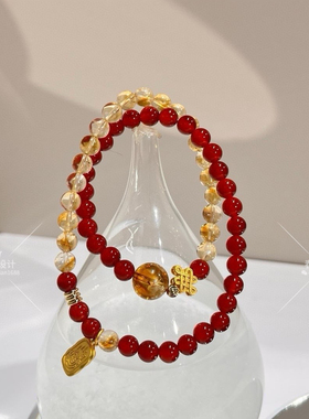 平安喜乐天然红玛瑙黄塔晶手链本命年手串好运红色手链送女友闺蜜