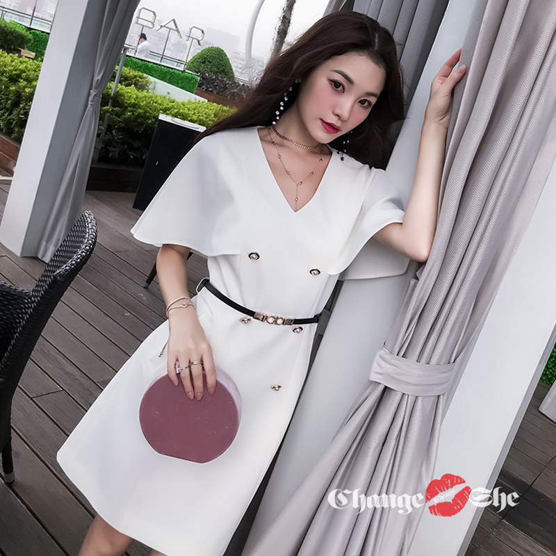 2020夏季新款气质短袖高腰白色短裙 changeshe连衣裙