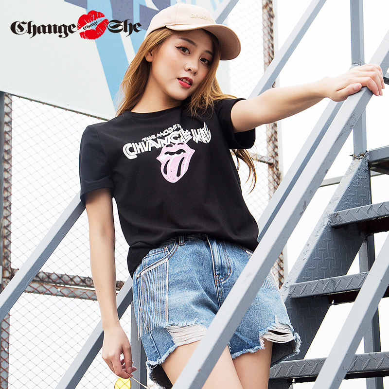 change she千细2020新款黑色女t恤 changesheT恤