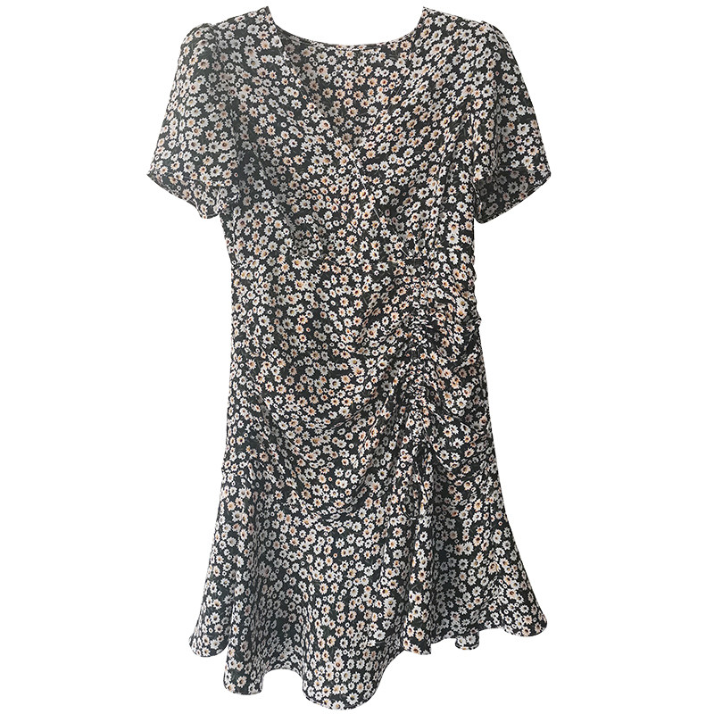 2020夏装新款v领收腰修身褶皱碎花 changeshe连衣裙