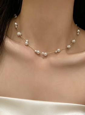 双层满天星珍珠项链女施家正圆轻奢高级感颈链2026新款百搭锁骨链
