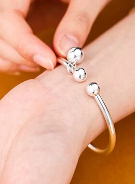 新款圆珠带银球手镯开口实心蒜头纯银手镯时尚镯子小众七夕送女友